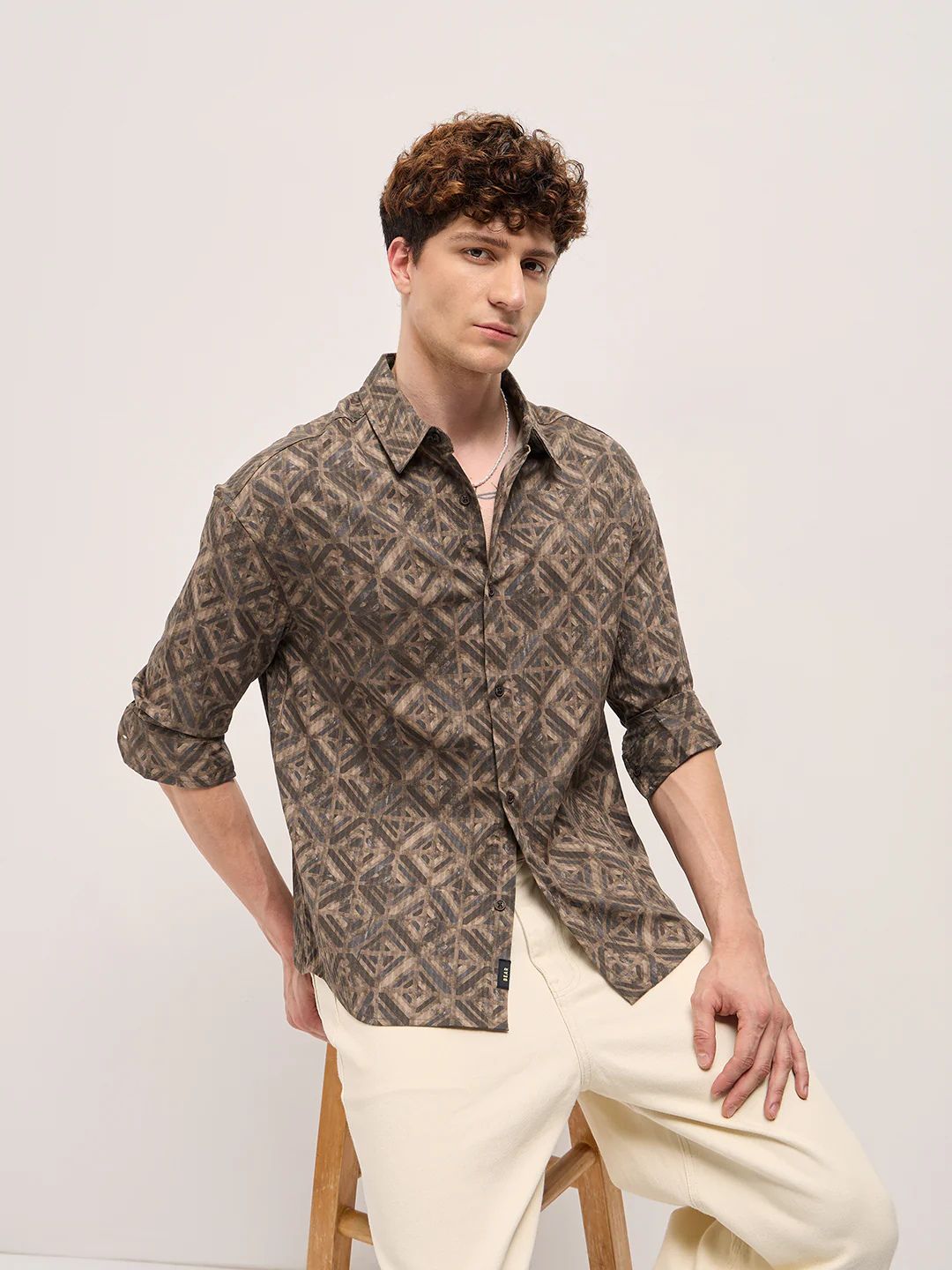 The Bear House - Brown Geometric Digital Print Relax Fit Casual Overshirt