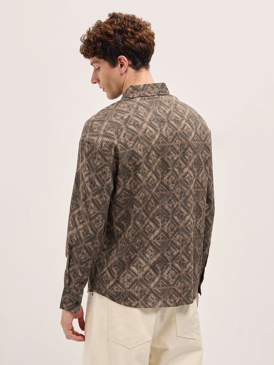 The Bear House - Brown Geometric Digital Print Relax Fit Casual Overshirt