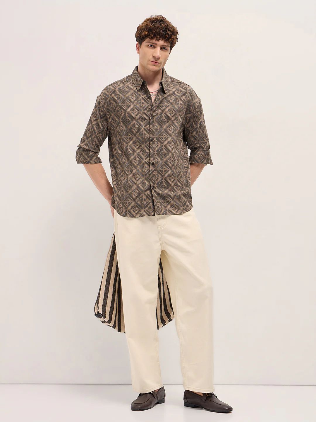 The Bear House - Brown Geometric Digital Print Relax Fit Casual Overshirt