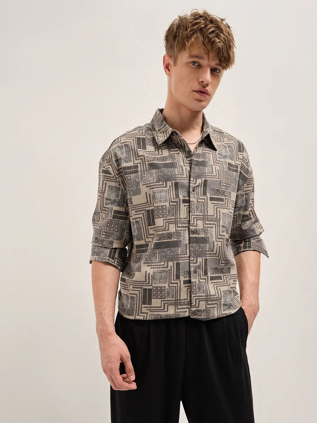 The Bear House - Beige Geometric Printed Relax Fit Casual Shirt