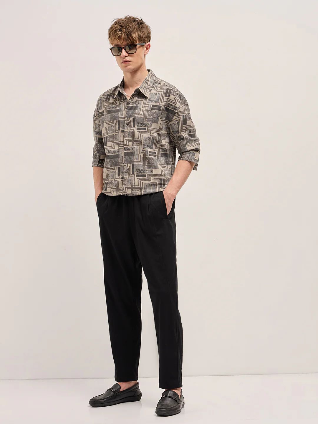 The Bear House - Beige Geometric Printed Relax Fit Casual Shirt