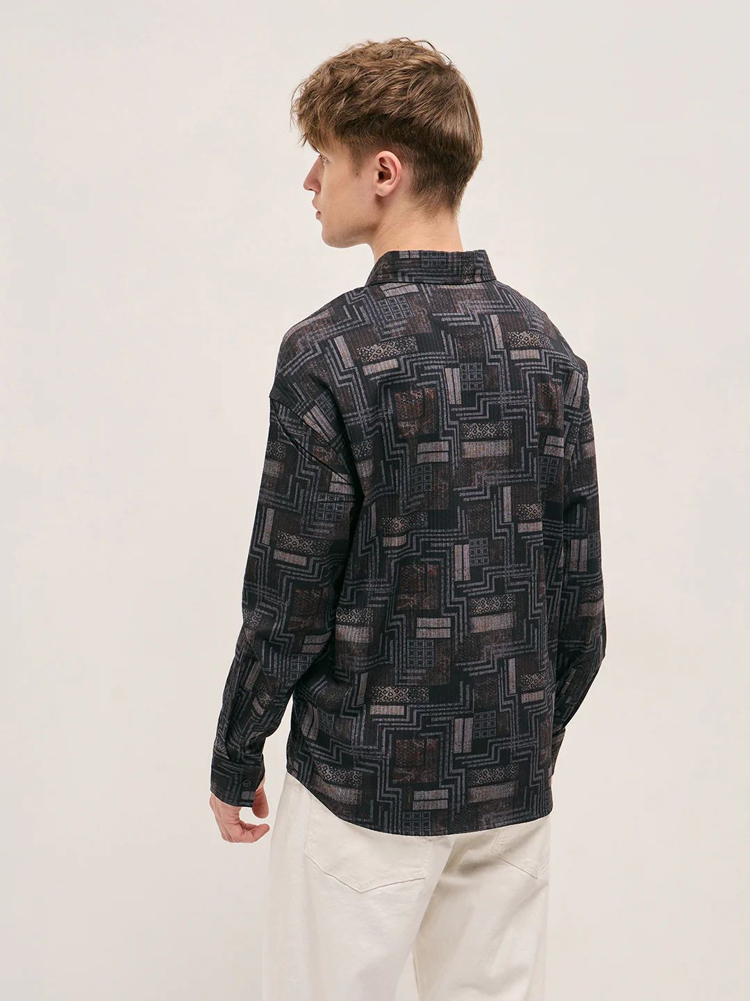 The Bear House - Black Geometric Printed Relax Fit Casual Overshirt