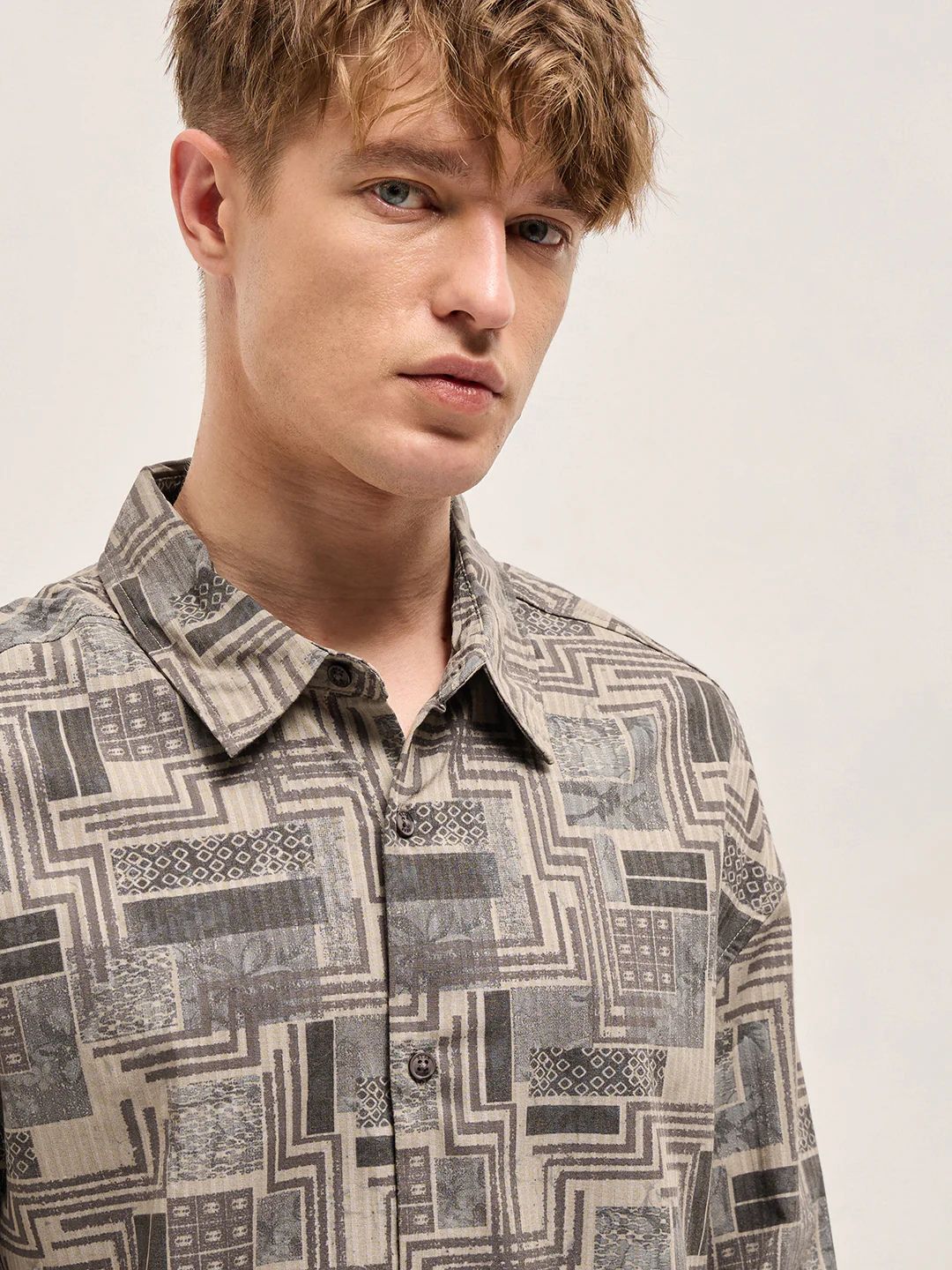 The Bear House - Beige Geometric Printed Relax Fit Casual Shirt