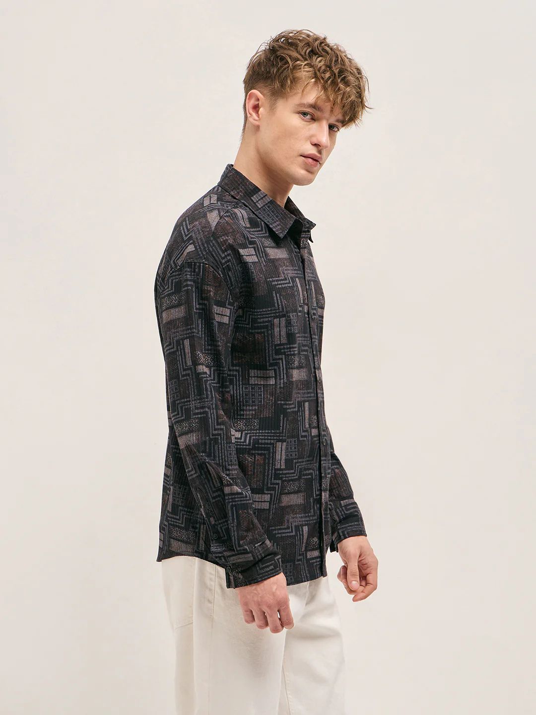 The Bear House - Black Geometric Printed Relax Fit Casual Overshirt