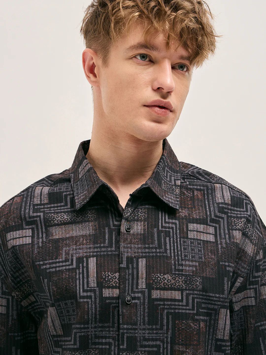 The Bear House - Black Geometric Printed Relax Fit Casual Overshirt