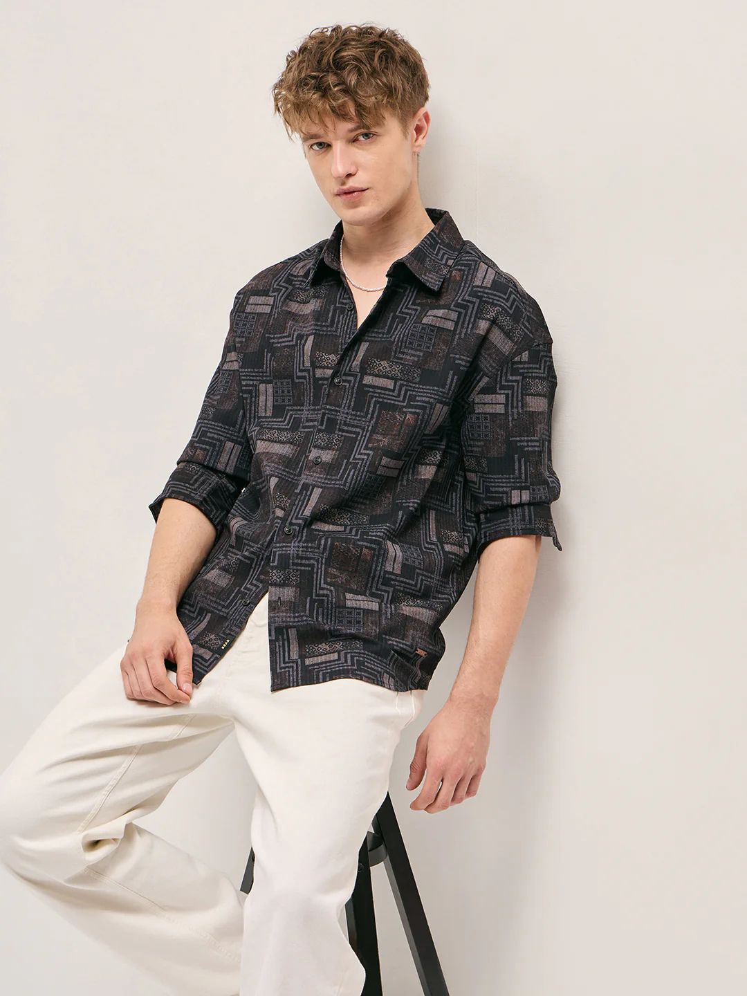 The Bear House - Black Geometric Printed Relax Fit Casual Overshirt