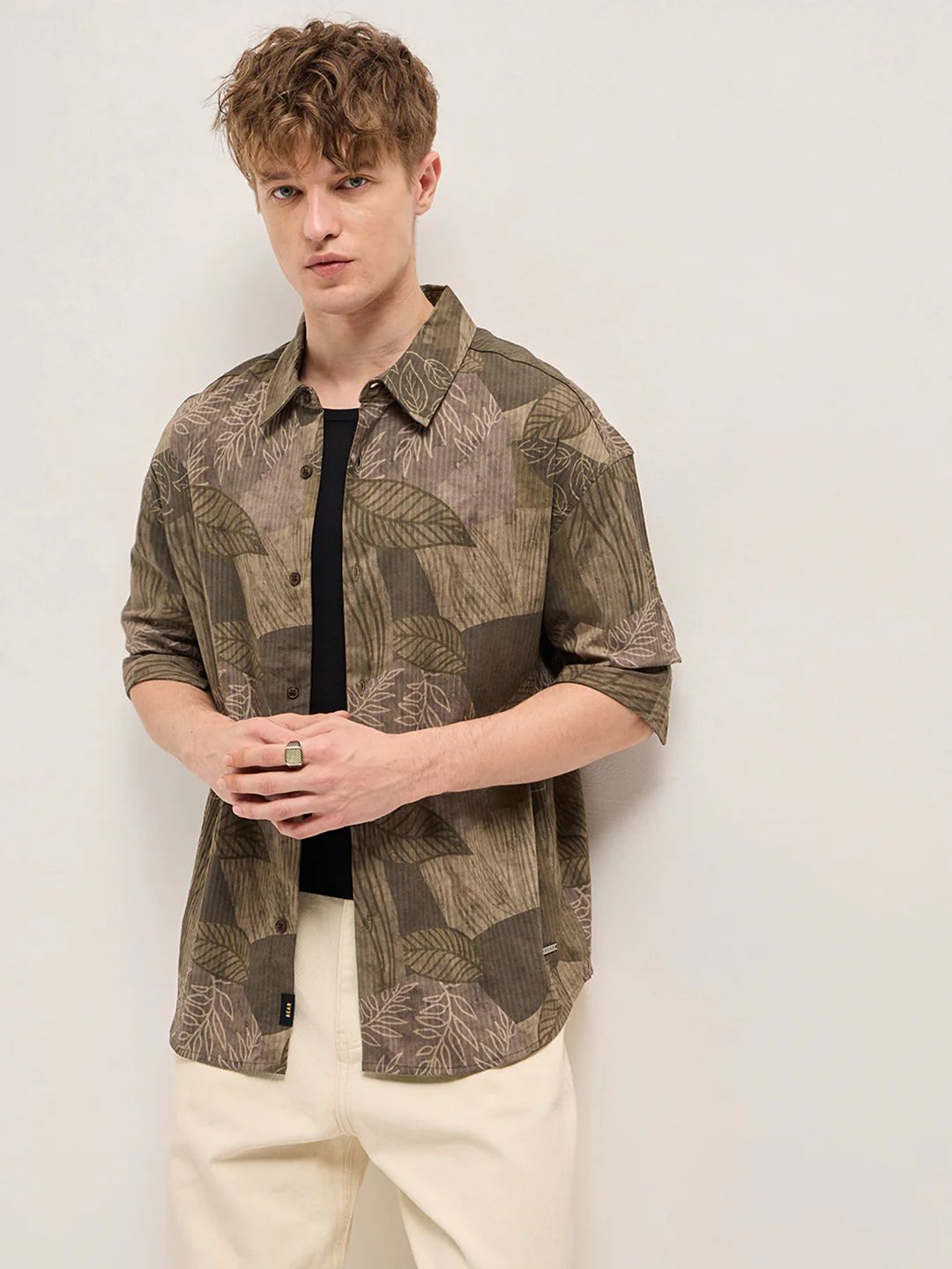 The Bear House - Olive Floral Printed Relax Fit Casual Shirt