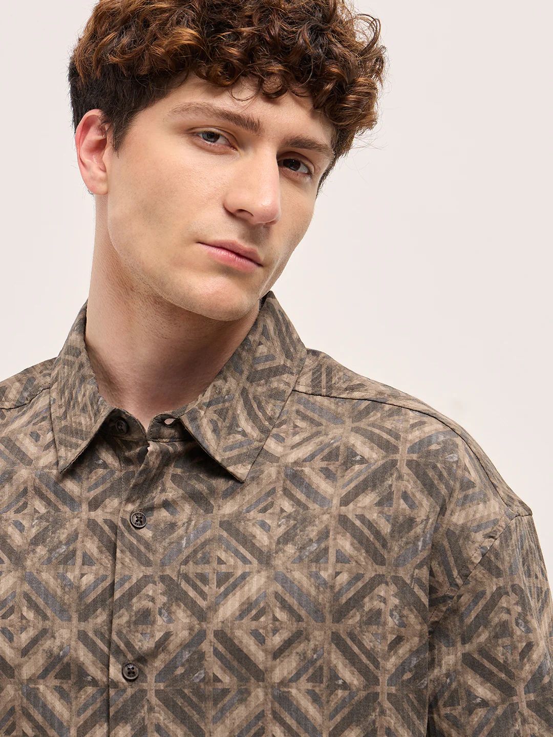 The Bear House - Brown Geometric Digital Print Relax Fit Casual Overshirt