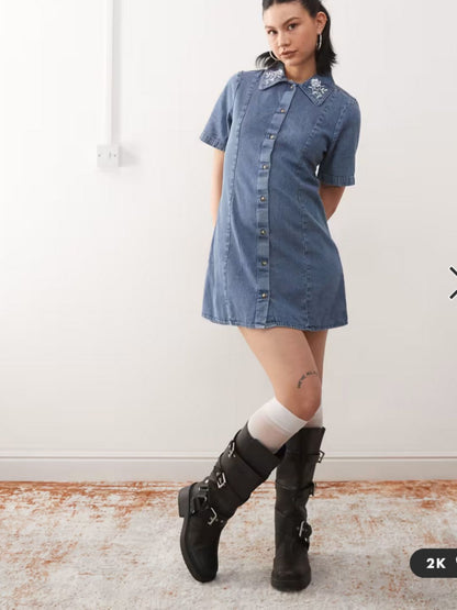 Reclaimed Vintage - Western a-line denim dress in mid blue wash with e Search Clothes Reclaimed Vintage - Western a-line denim dress in mid blue wash with e Search Clothes