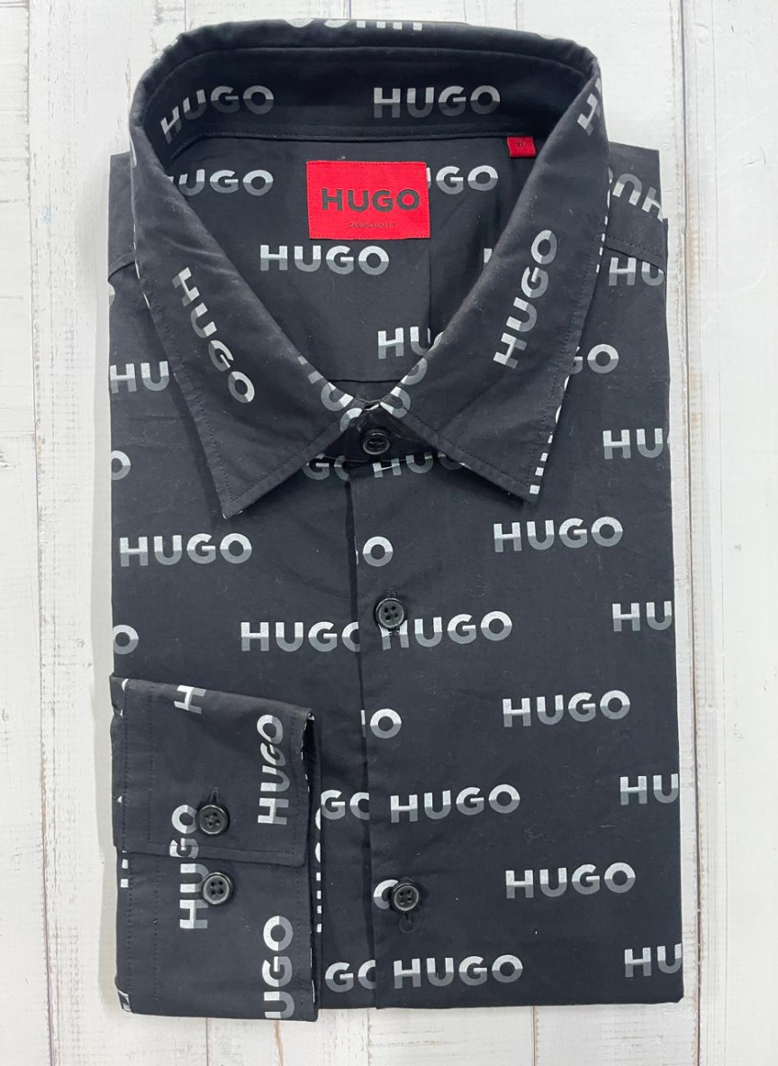 HUGO - Printed slim-fit shirt in cotton poplin