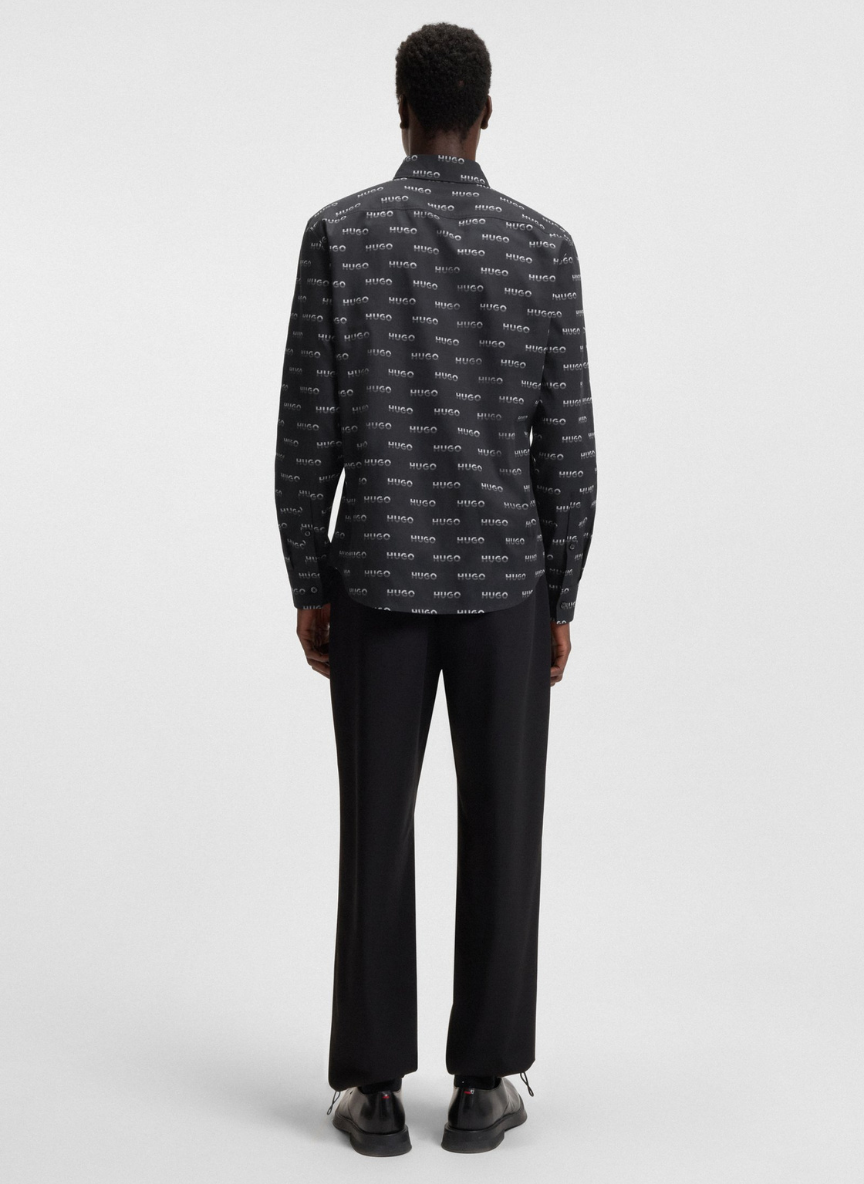 HUGO - Printed slim-fit shirt in cotton poplin
