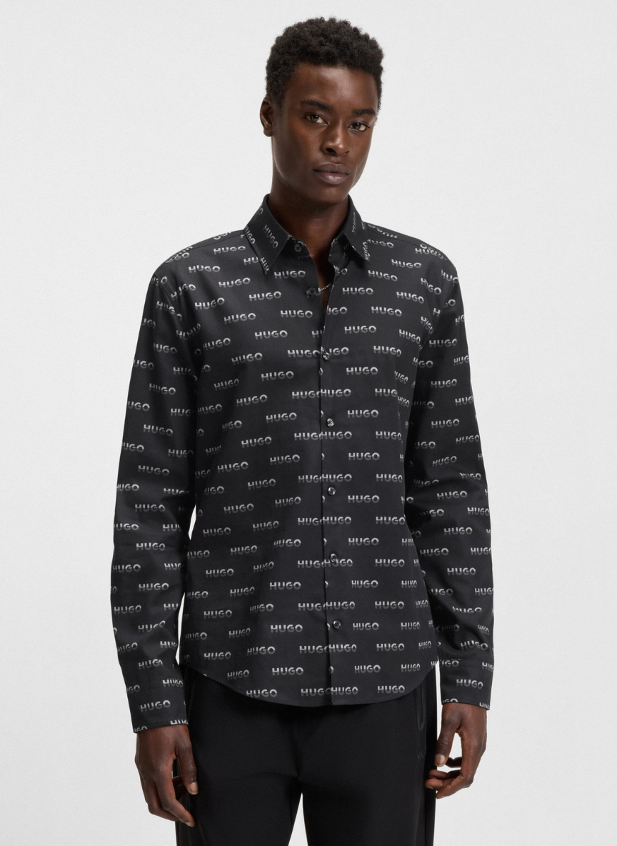 HUGO - Printed slim-fit shirt in cotton poplin