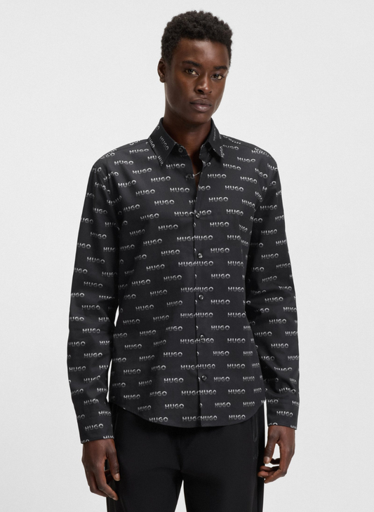HUGO - Printed slim-fit shirt in cotton poplin