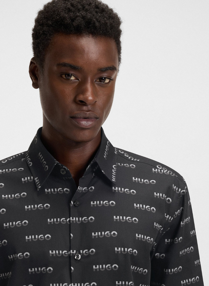 HUGO - Printed slim-fit shirt in cotton poplin