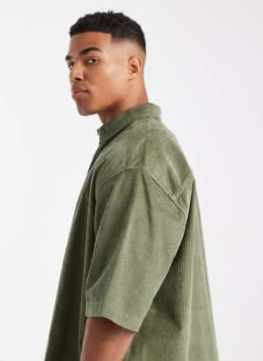 ASOS DESIGN - boxy oversized corduroy shirt with badge in dark green