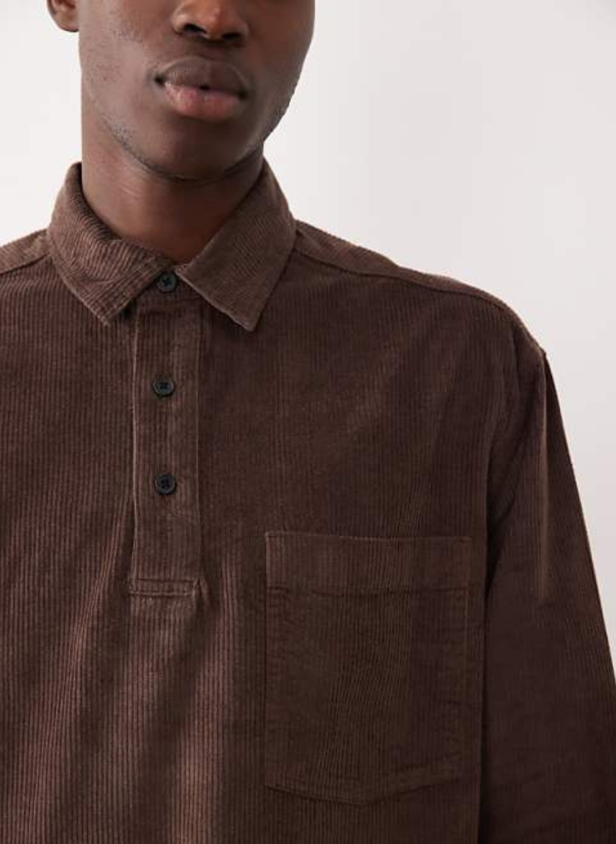 ASOS DESIGN - boxy oversized cord rugby shirt in brown