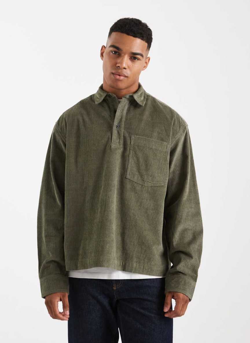 ASOS DESIGN - boxy oversized cord rugby shirt in green