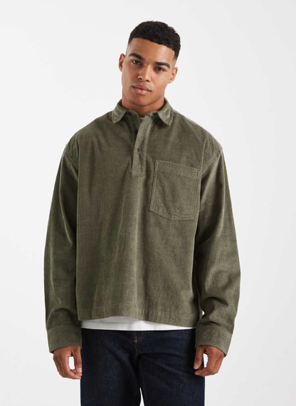 ASOS DESIGN - boxy oversized cord rugby shirt in green
