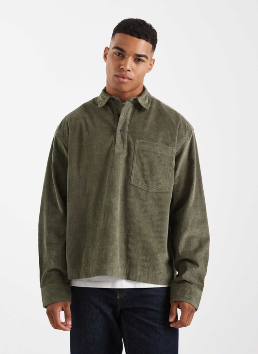 ASOS DESIGN - boxy oversized cord rugby shirt in green