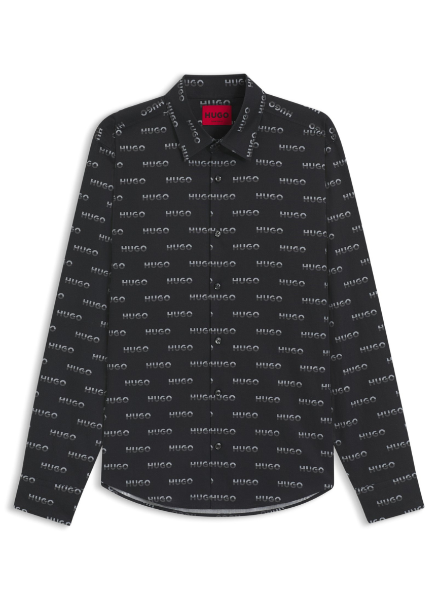 HUGO - Printed slim-fit shirt in cotton poplin