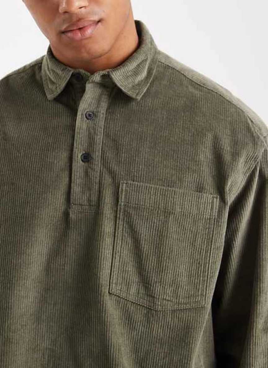 ASOS DESIGN - boxy oversized cord rugby shirt in green