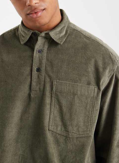 ASOS DESIGN - boxy oversized cord rugby shirt in green